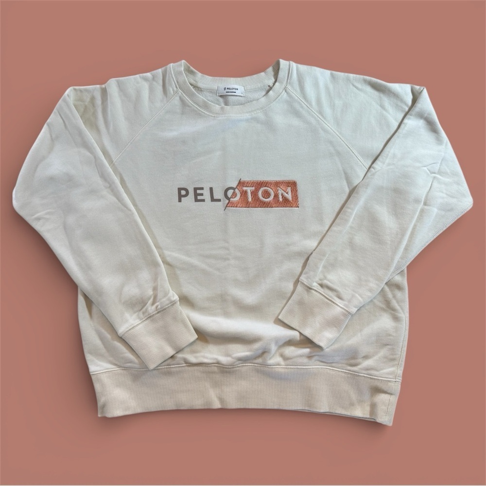 Peloton Women’s Cream Ivory Crewneck Sweatshirt Embroidered Orange Logo Large - Picture 2 of 5